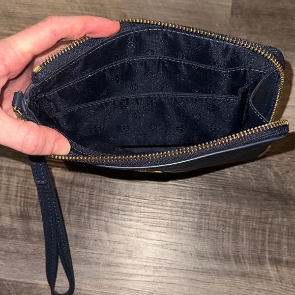 Tory Burch Dark Blue Leather Wristlet with Gold Accents - Picture 4 of 5